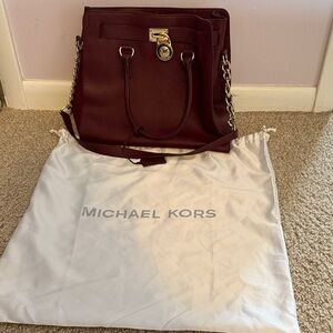 Michael Kors Maroon Leather Tote with Gold-Tone Chain